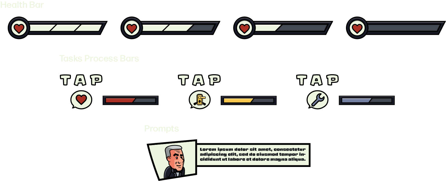 A visual overview of game HUD elements. The top section shows health bars with heart icons in different progress states. Below, there are task process bars labeled 'TAP' for different actions, each with icons: a heart, a key, and a wrench, followed by colored progress bars. At the bottom, there's a dialogue prompt box with a character portrait and placeholder text, indicating in-game prompts or dialogue.