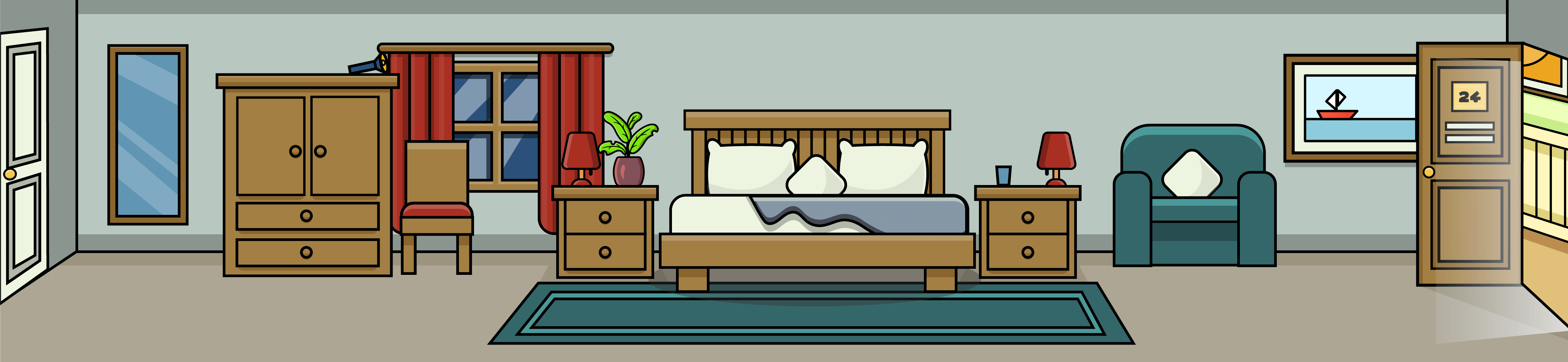 A decorated bedroom setting depicted in a warm, cartoonish manner. The room includes a spacious bed adorned with pillows, accompanied by two nightstands, each holding a lamp. On the left, there's a wooden closet, a mirror that reflects the full body, and a seat. A big window with crimson curtains is located above the bed's headboard. To the right, you’ll find a cozy armchair and a framed photo hanging on the wall. A door labeled '24' stands ajar, opening to a view of a corridor. The space features a blue area rug along with several small accents such as a potted plant.