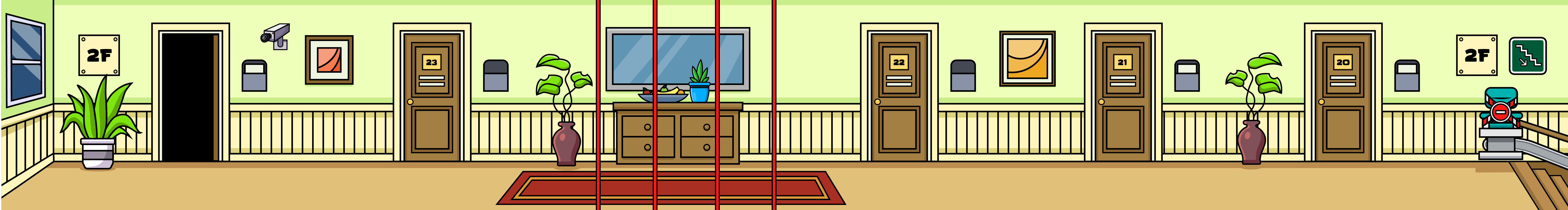 A cartoonish depiction of a hallway on the second floor of a structure. The hallway has several numbered doors (20, 21, 22, and 23) that have mail slots. The walls are a pale green with wooden paneling, and the area is adorned with several plants in containers, framed pictures, and a crimson carpet runner. On the left side, you can see a window and a security camera, and on the right side, a stairlift is apparent at the staircase. The corridor also features several signs showing the floor level and directions to emergency exits.