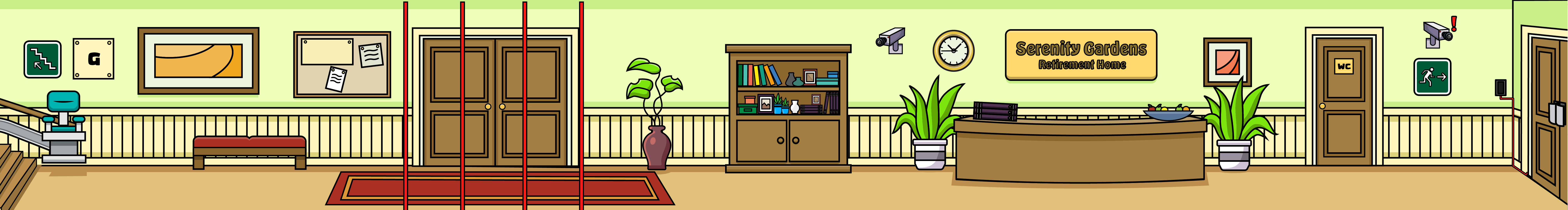 A cartoonish depiction of a lobby space on the ground level of a building. The setting includes a reception area marked 'Serenity Gardens Retirement Home.' The walls are a pale green featuring wood paneling and adorned with art pieces and bulletin boards. The corridor features several plants, a bookshelf, and a red carpet runner. To the left, a stairlift ascends to the upper levels, while to the right, a door labeled 'WC' points to a bathroom. Surveillance cameras and emergency exit signs are also apparent, improving the specifics of the surroundings.