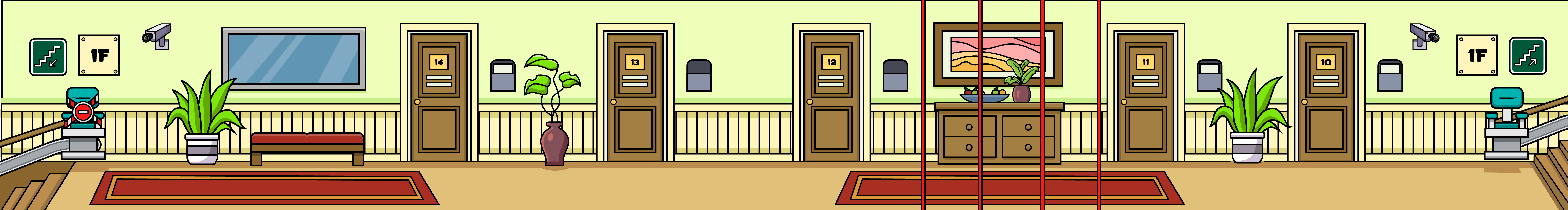 A cartoon-style depiction of a hallway on the first floor of a building. The setting features multiple numbered doors (11 to 14) accompanied by nameplates, positioned against pale green walls with wooden paneling. The corridor features potted plants, a piece of art, and a crimson carpet runner. On both sides of the corridor, there are stairlifts, security cameras, and emergency exit signs displayed on the walls. The space looks inviting and cheerful, featuring seating zones and decorative touches that foster a cozy atmosphere.
