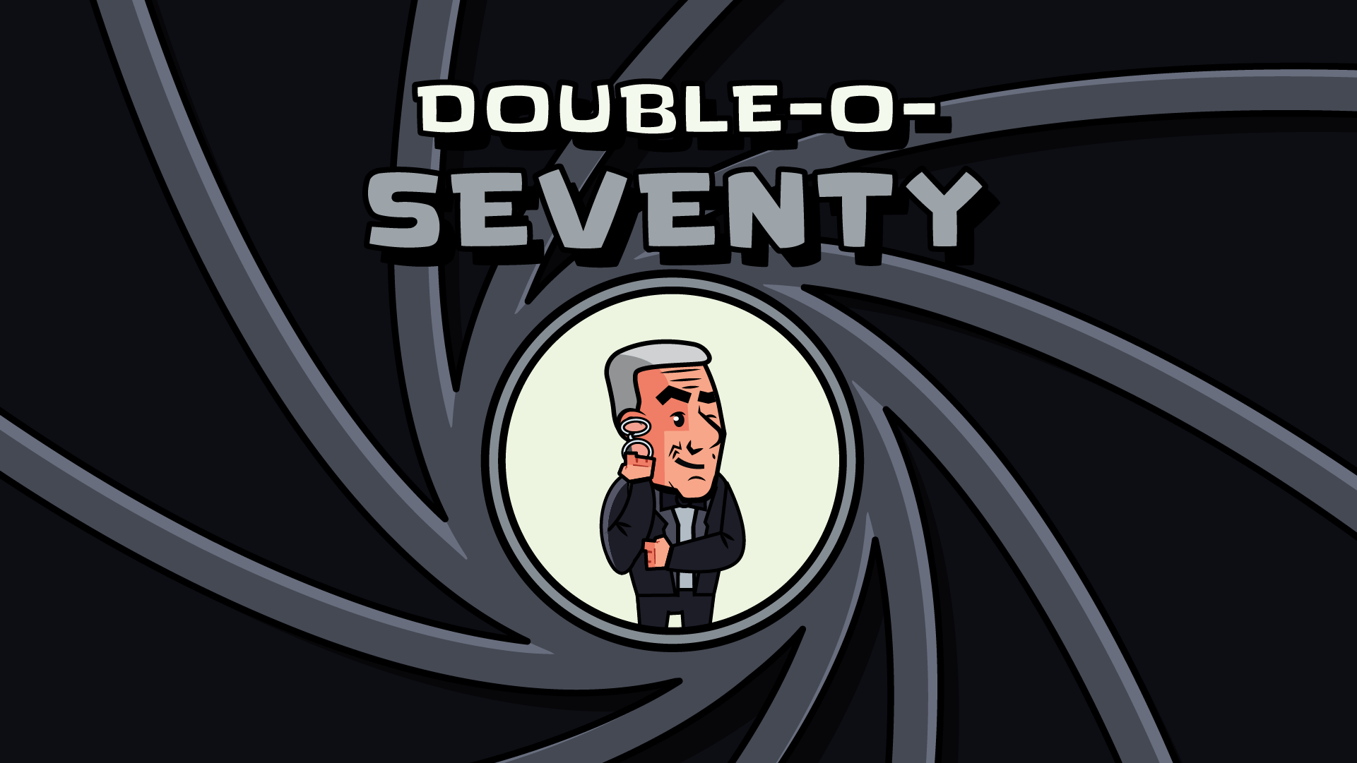 Title screen for the game 'Double-O-Seventy' featuring a classic spy-themed design. The central character, resembling a secret agent, holds a magnifying glass while standing inside the iconic gun barrel graphic associated with spy movies. The bold game title 'Double-O-Seventy' is displayed above the character in large, blocky letters.