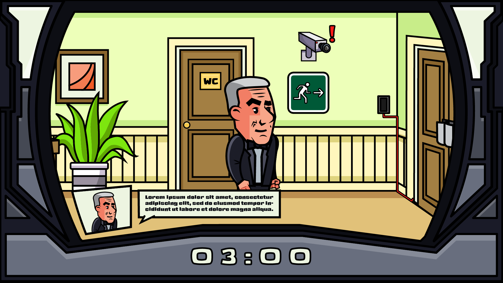 Game screen showing a character standing in a hallway with a timer at the bottom reading '03:00'. The scene is framed like a camera viewfinder, with the character next to a restroom door and a security camera with a red alert icon above it. A dialogue box with the character’s portrait displays placeholder text, indicating in-game dialogue or instructions.