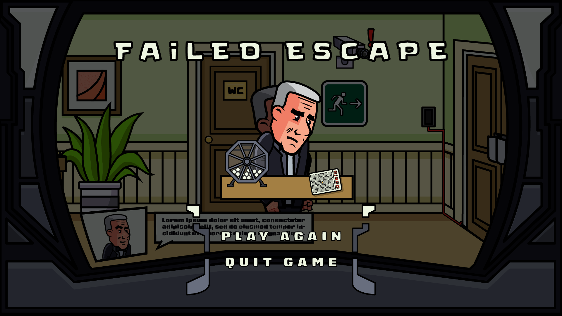 Game over screen with the title 'Failed Escape.' The scene shows the main character looking disappointed in a hallway, surrounded by a countdown timer, security camera, and exit sign. The interface is framed like a camera viewfinder, with options at the bottom to 'Play Again' or 'Quit Game.' A dialogue box with the character’s portrait and placeholder text is visible on the bottom left.
