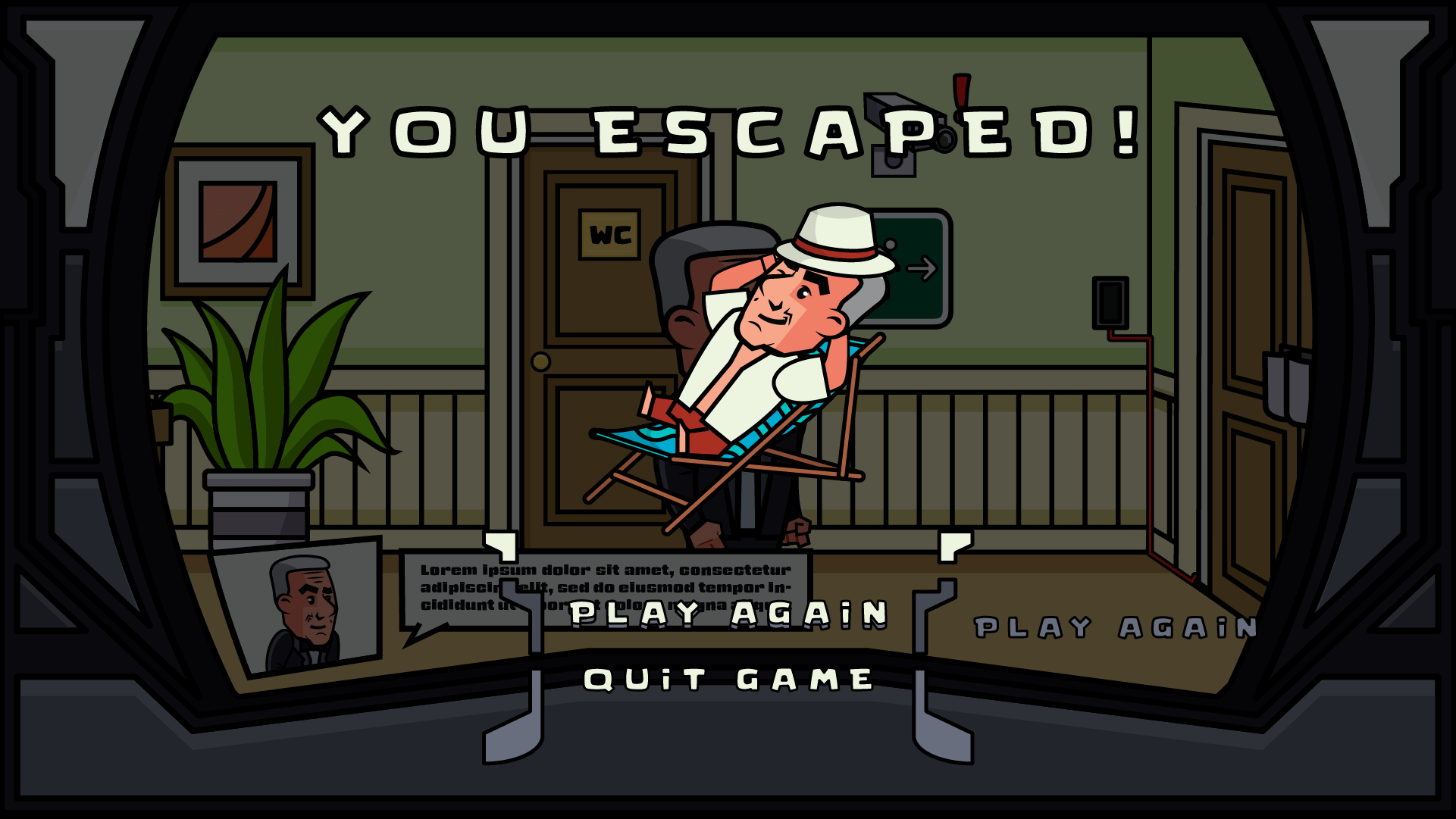 Victory screen with the text 'You Escaped!' displayed prominently. The main character is shown lounging on a deck chair, looking relaxed and victorious in a hallway setting. The interface is framed like a camera viewfinder, with options at the bottom to 'Play Again' or 'Quit Game.' A dialogue box with the character’s portrait and placeholder text is visible in the lower left corner.