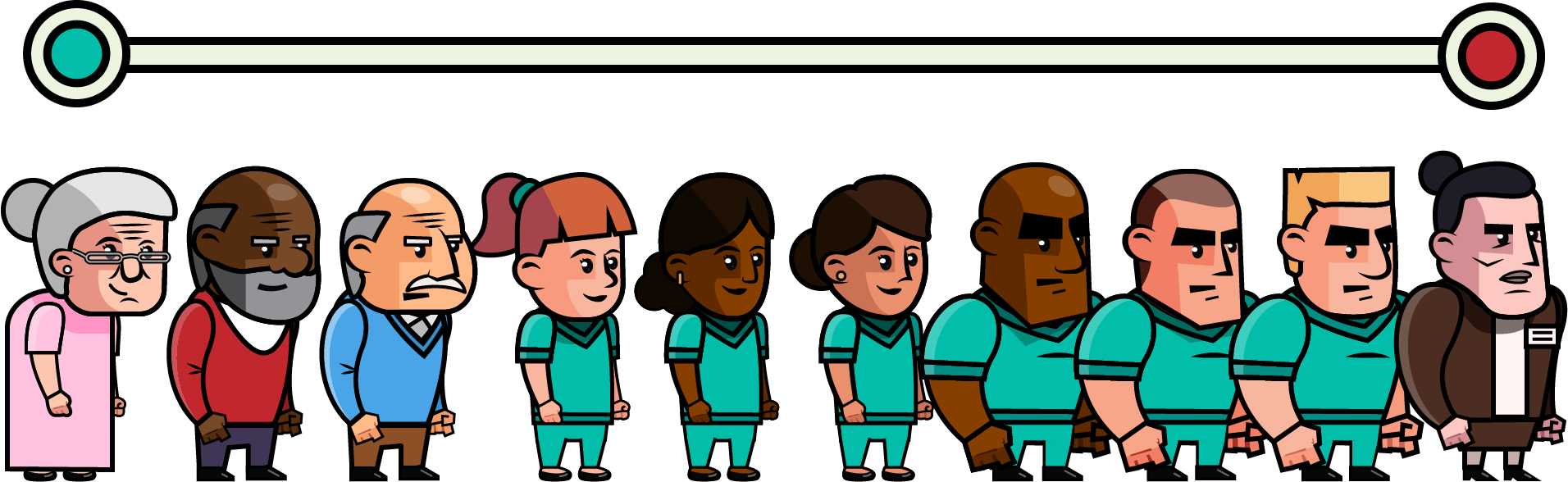 Cartoon characters lineup showing various enemy types, including elderly, guards, and nurses, all in different outfits.