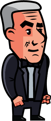 Cartoon illustration of a serious-looking James Bond character in a tuxedo with grey hair