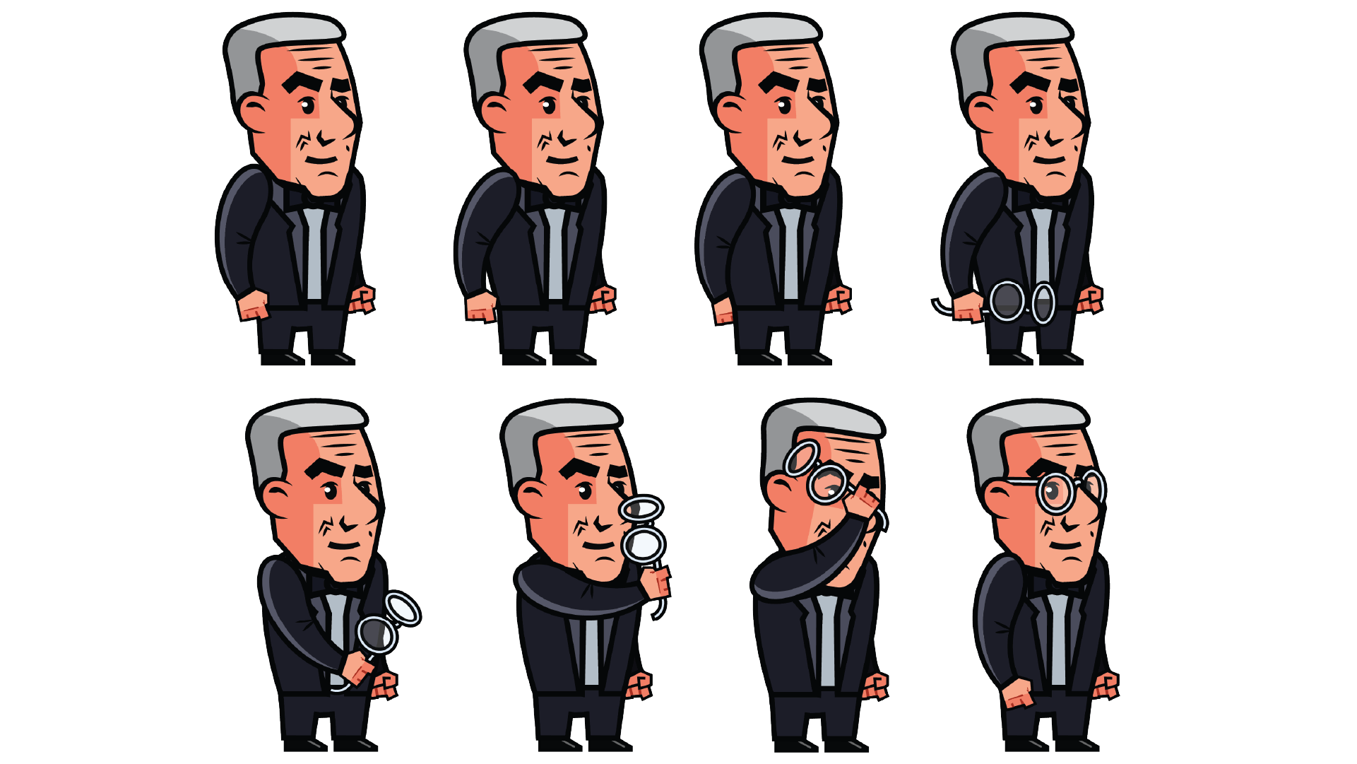 James Bond taking and putting glasses on and off sprites displayed as frame by frame