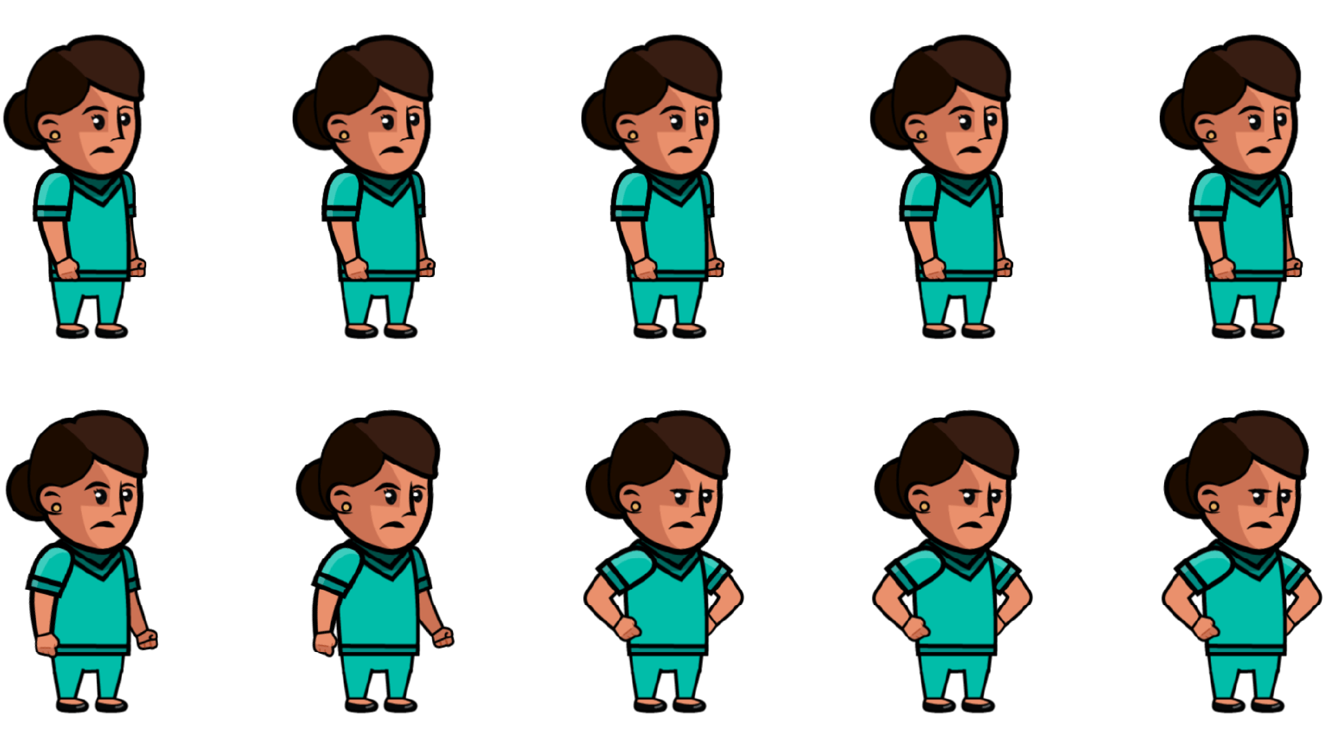 Female nurse putting arms on hips sprites displayed as frame by frame