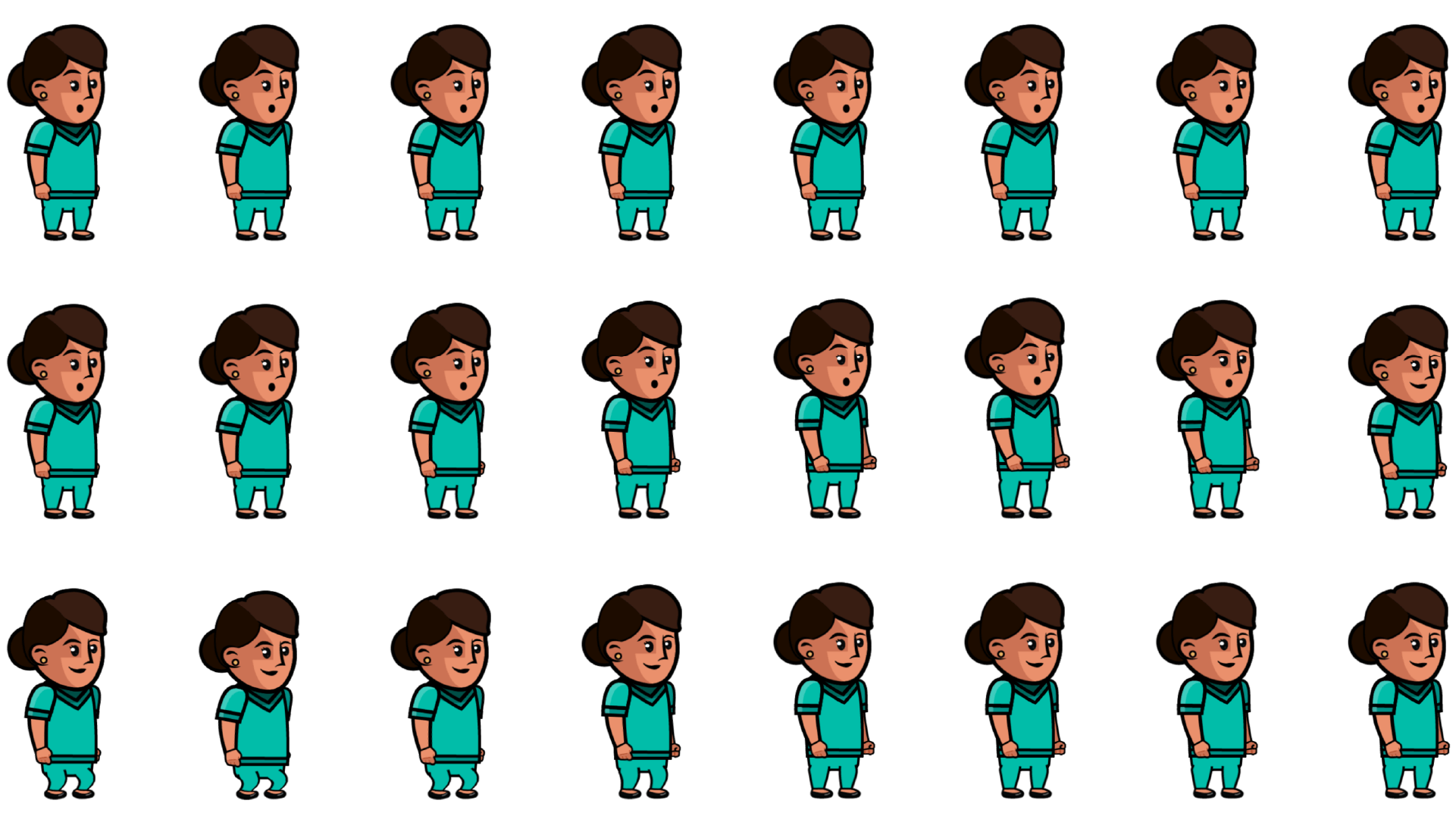 Female nurse getting a fright, jumping slightly and opening mouth, sprites displayed as frame by frame