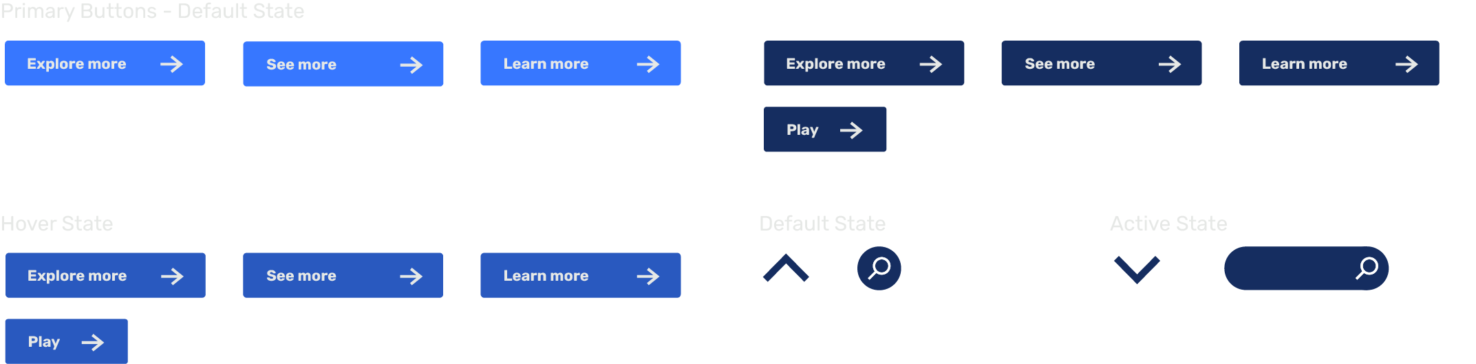 The image shows various button styles and states for the MAL HUB website interface. It features two types of buttons: primary buttons in light blue with labels such as Explore more, See more, and Learn more, all accompanied by right-facing arrows, and secondary buttons in dark blue with similar labels, including an additional Play button. The hover state of the primary buttons displays a lighter shade to indicate interactivity. At the bottom, there are icons representing different states, including an up arrow, down arrow, and a search magnifying glass icon, which change appearance between default and active states.