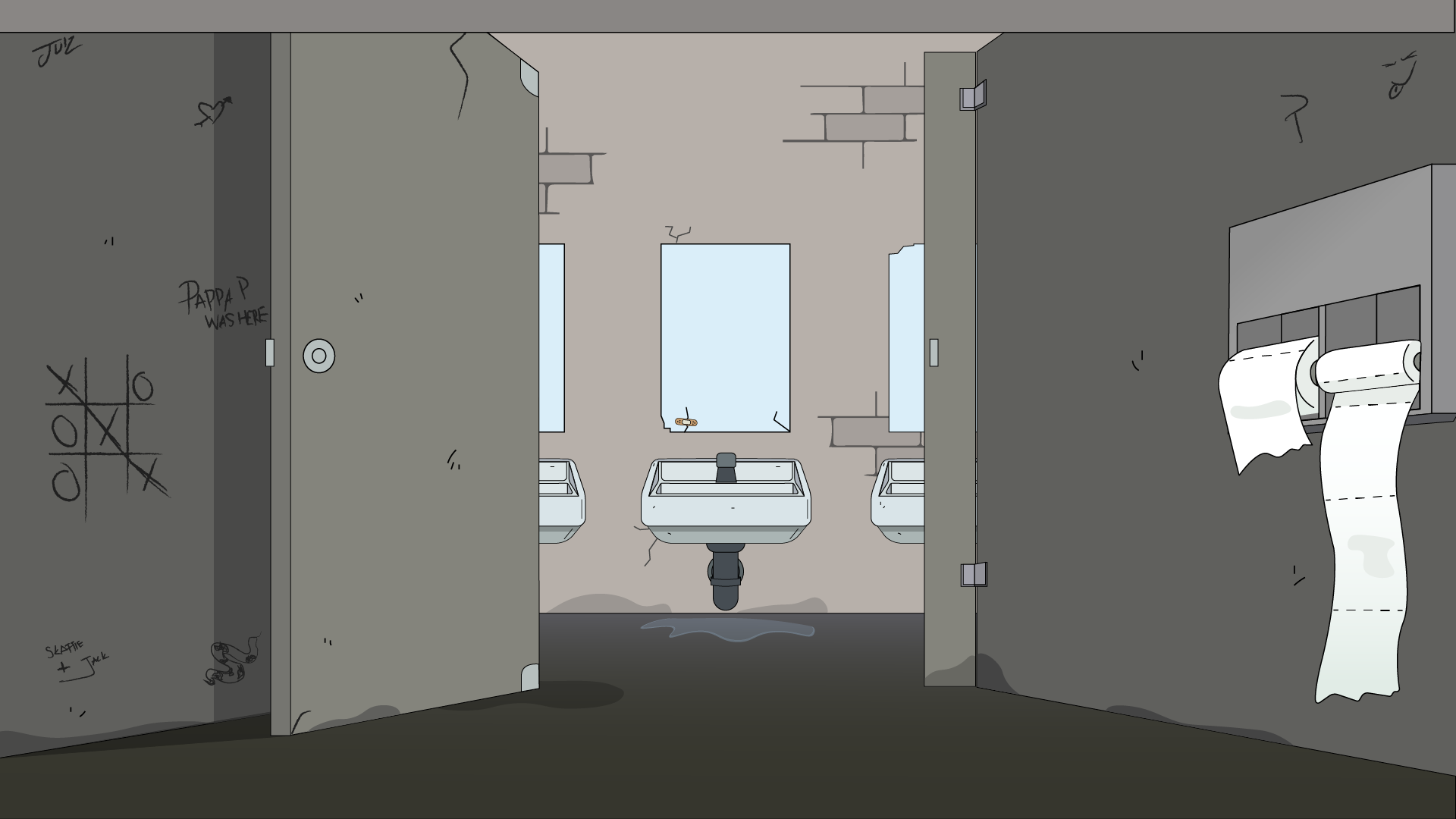 View from inside the center bathroom stall of the bathroom stink and mirrors, toliet roll holder and graffiti on walls.