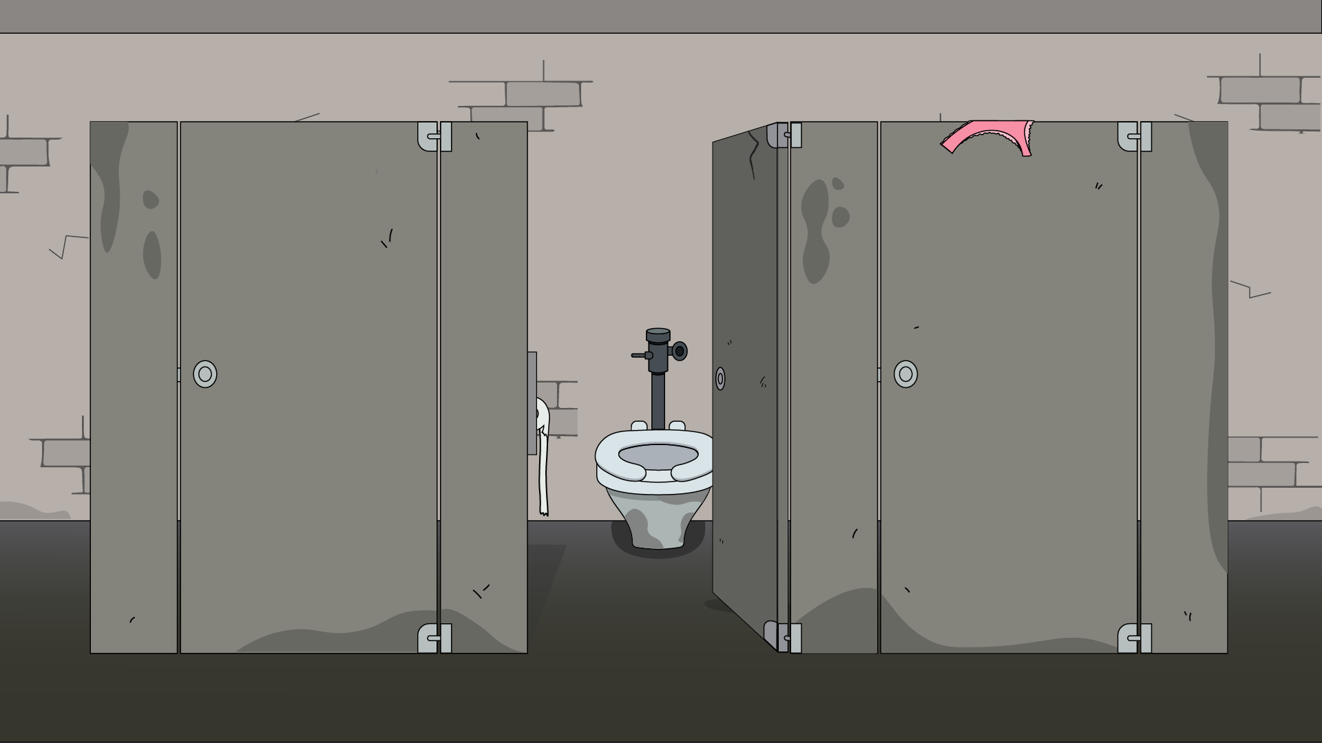 View of three dirty bathroom stalls. The left and right stalls are closed and the center stall is open with a view of the dirty toliet seat. Pink woman's underwear is hanging over the right door.
