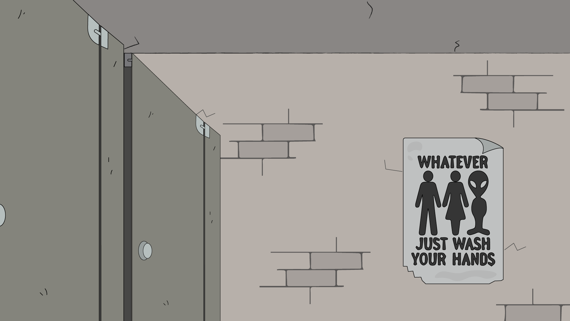 Sideview of the exit of the bathroom stalls with a dirty, torn poster hanging on the wall of a man, woman and alien symbol with the text, 'Whatever just wash your hand'.