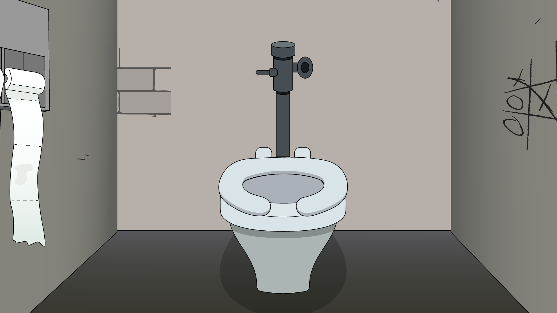 View of a dirty toliet seat, toliet roll holder and graffiti on stall walls.